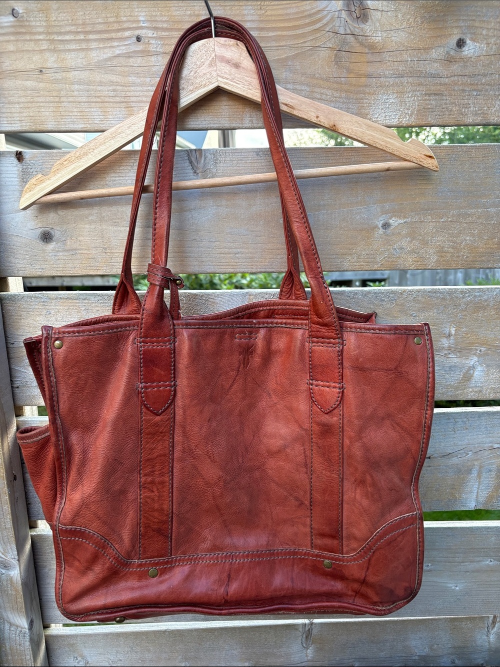 Frye Leather Tote Bag in Distressed Rust Brown